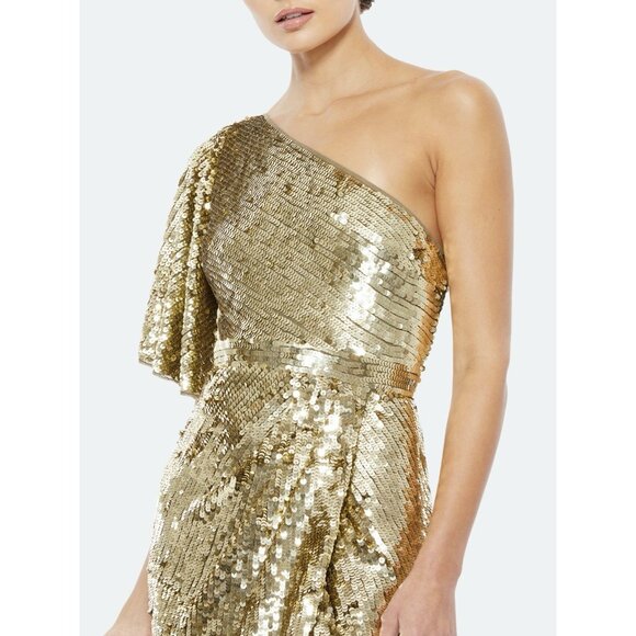 Mac Duggal Size 4 Gold Green 93540 One-Shoulder Sequin Formal Gown Maxi Dress - Picture 2 of 13